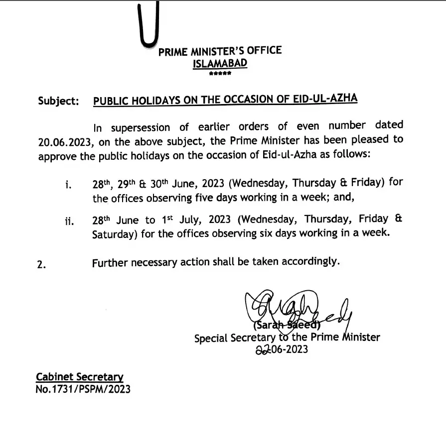 Eid ul Adha 2023 Holidays Notification