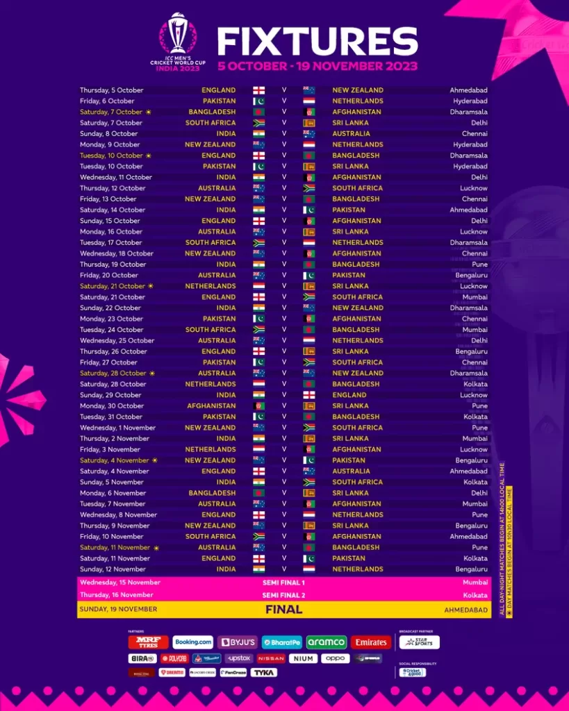 ICC Men’s Cricket World Cup 2023 Schedule