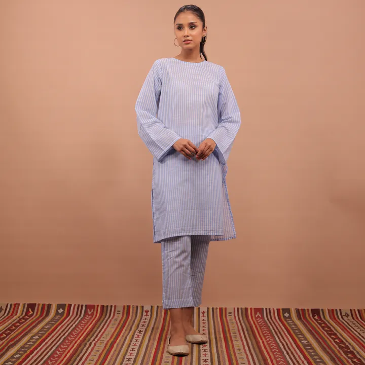 Maahru - Stitched Shirt & Trouser For Women - Blue Stripes