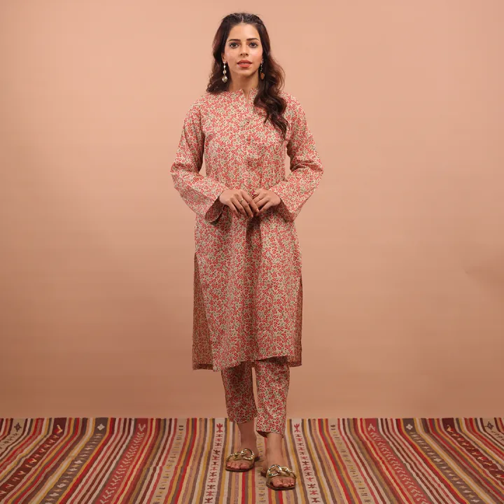 Maahru - Stitched Shirt & Trouser For Women - Pink Fields