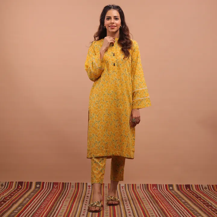 Maahru - Stitched Shirt & Trouser For Women - Yellow Bouquet