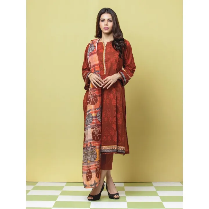 edenrobe EWU23A1-26070 Unstitched Rust Printed Lawn 3 Piece