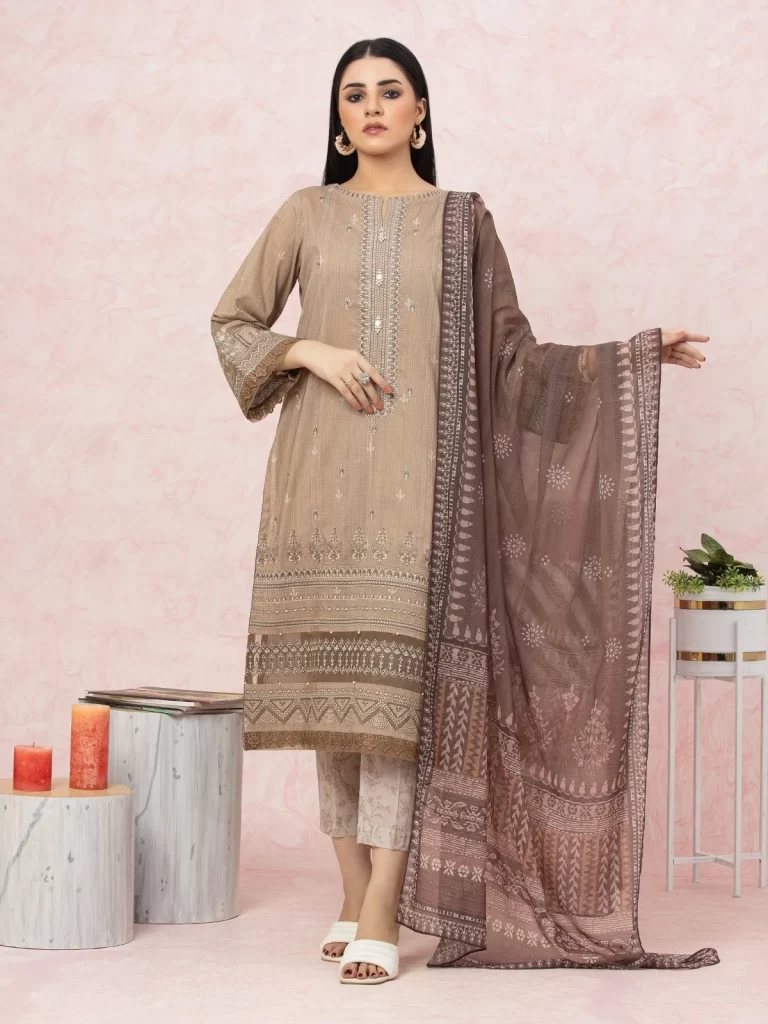 EWU22V1-26577 Unstitched Light Brown Embroidered Lawn 3 Piece