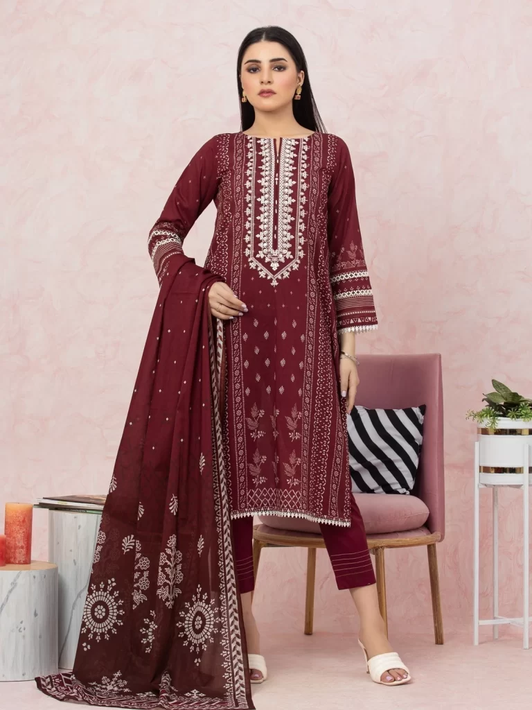 EWU22V1-26614 Unstitched Maroon Embroidered Lawn 3 Piece